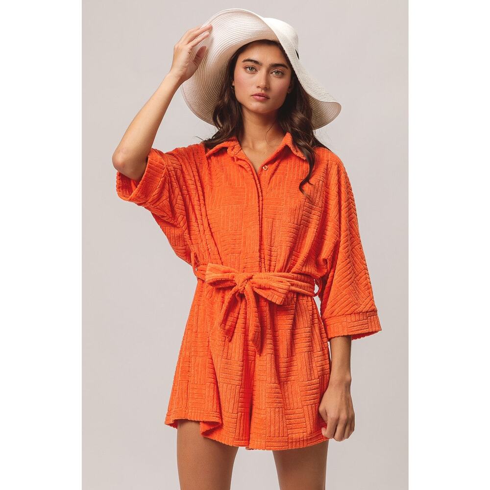 Bibi Textured Terry Shorts Romper in Orange Papaya L NWT Coverup Beach Minimal